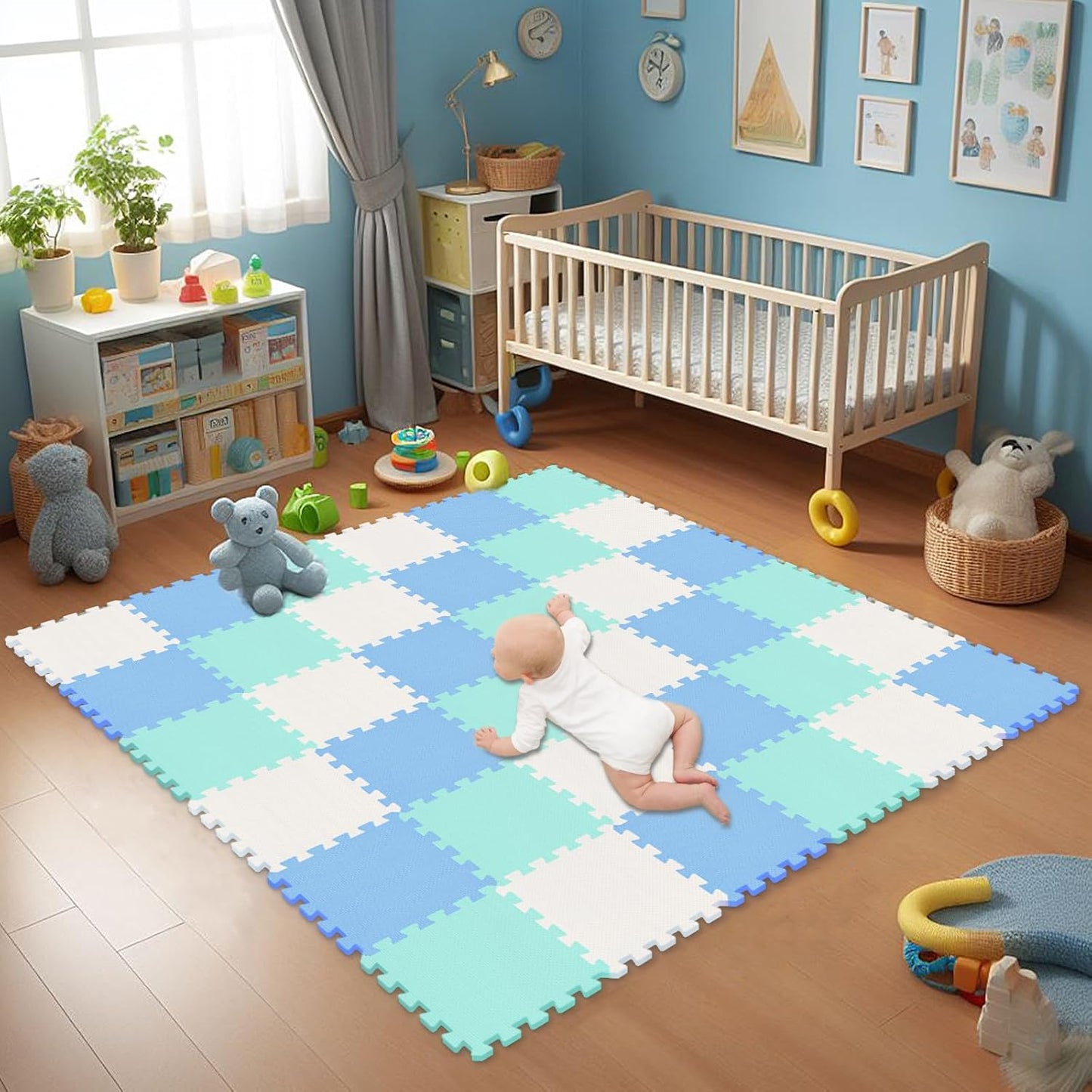 qqpp EVA Rubber 18 Tiles Interlocking Puzzle Foam Floor Mats - Baby Play Mat for Playing | Exercise Mat for Home Workout. White, Pink, Gray. QC-ACLb18N