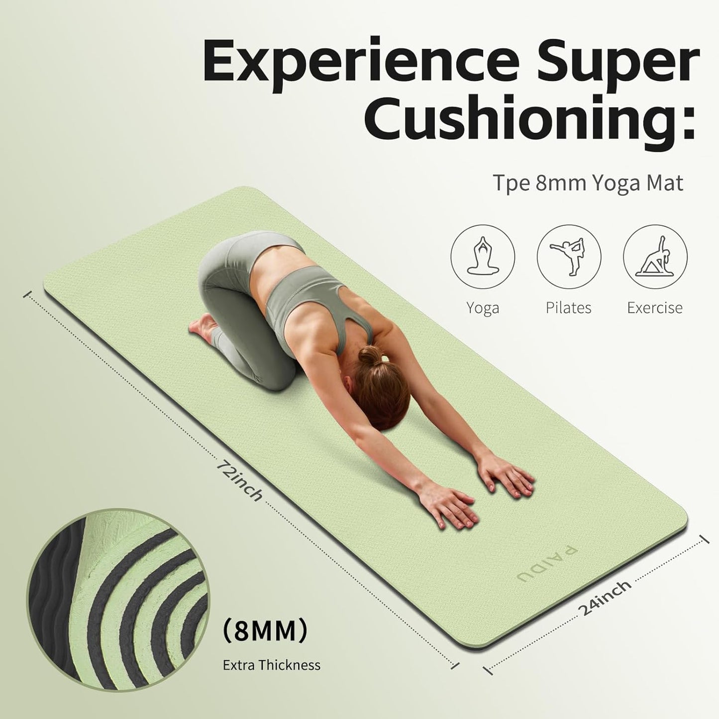 PAIDU Yoga Mat 8mm Super Thick TPE Fitness Mat | SGS Certified | Non-Slip, Odorless & Tear-Resistant | Unisex with Strap | for Yoga, Pilates, Meditation & Home Workouts