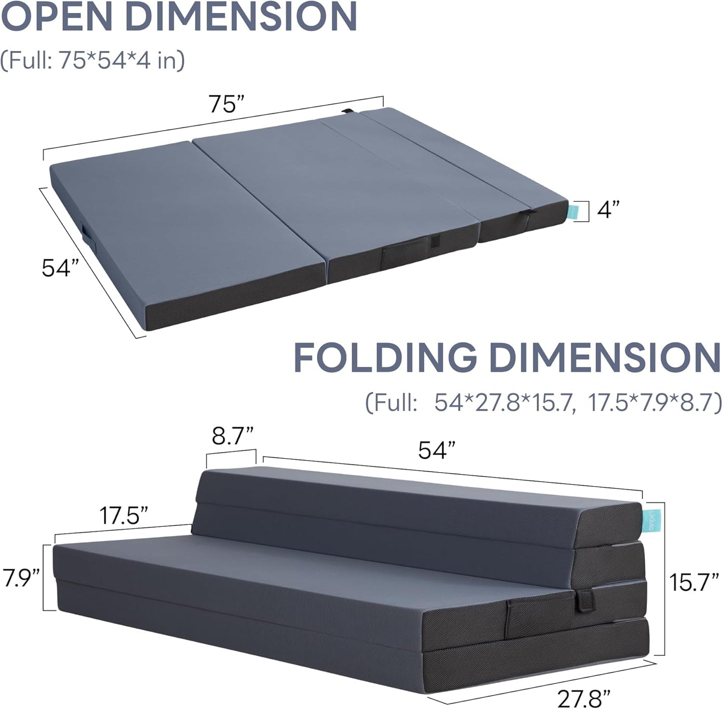 LIKIMIO Folding Mattress Queen, High Density Foam Mattress with Breathable and Washable Cover & Storage Bag, 4 Inch Foldable Mat Topper for Camping, RV and Yoga, Handle Design, Blue