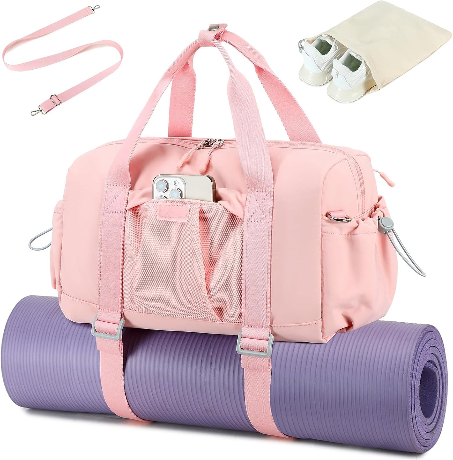 LEDAOU Small Gym Bag for Women, Mini Duffle Bag with Yoga Mat Holder Lightweight Carry On Sports Bag with Separate Shoe Pocket and Wet Pocket Duffel Bags Dance Yoga Workout Bag (Pink)