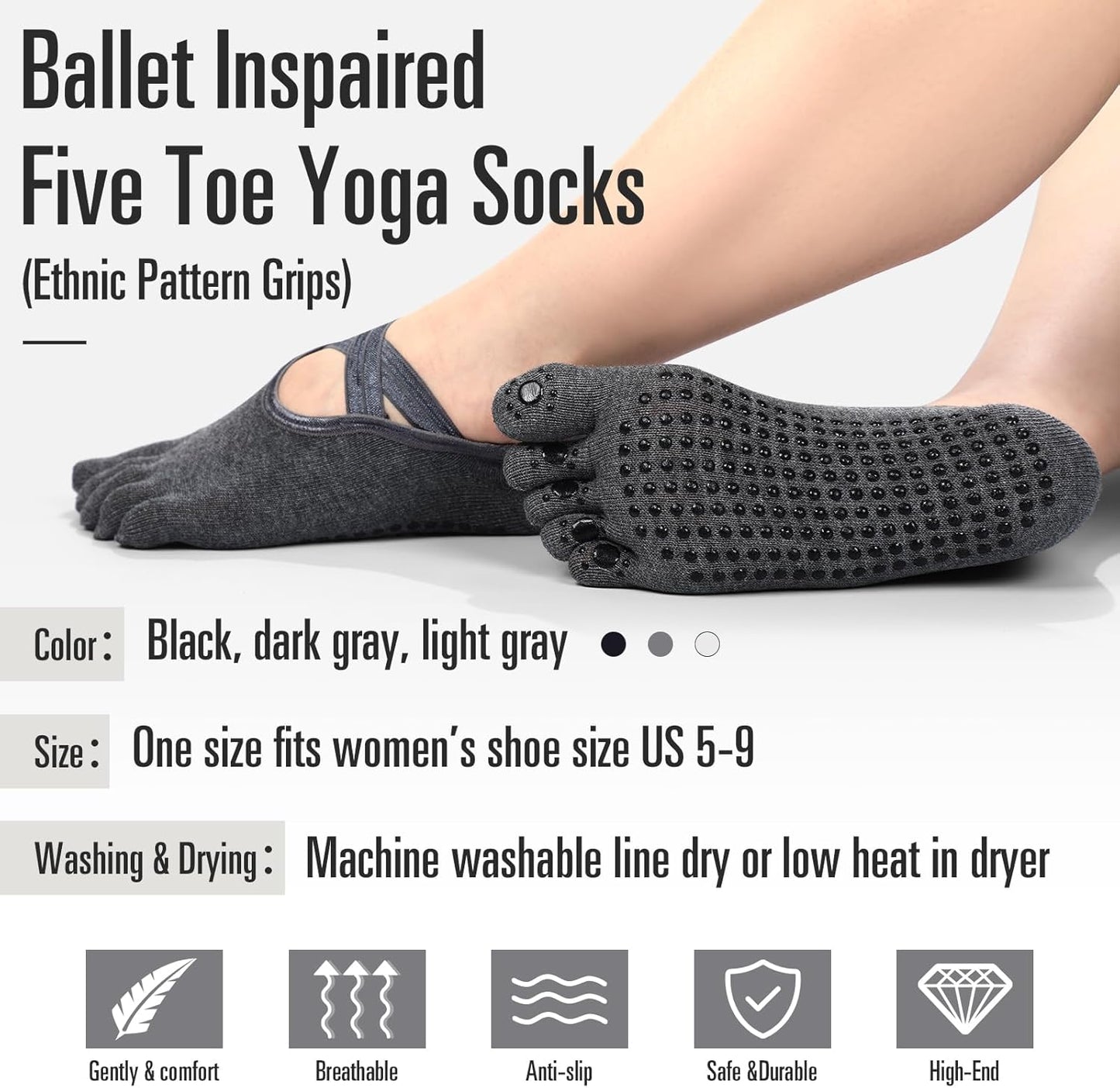 SATINIOR 7 Pairs Yoga Toe Socks with Grip Women Non Slip Sticky Full Toe Socks for Pilates, Ballet, Dance, Barefoot (Multi Colors)