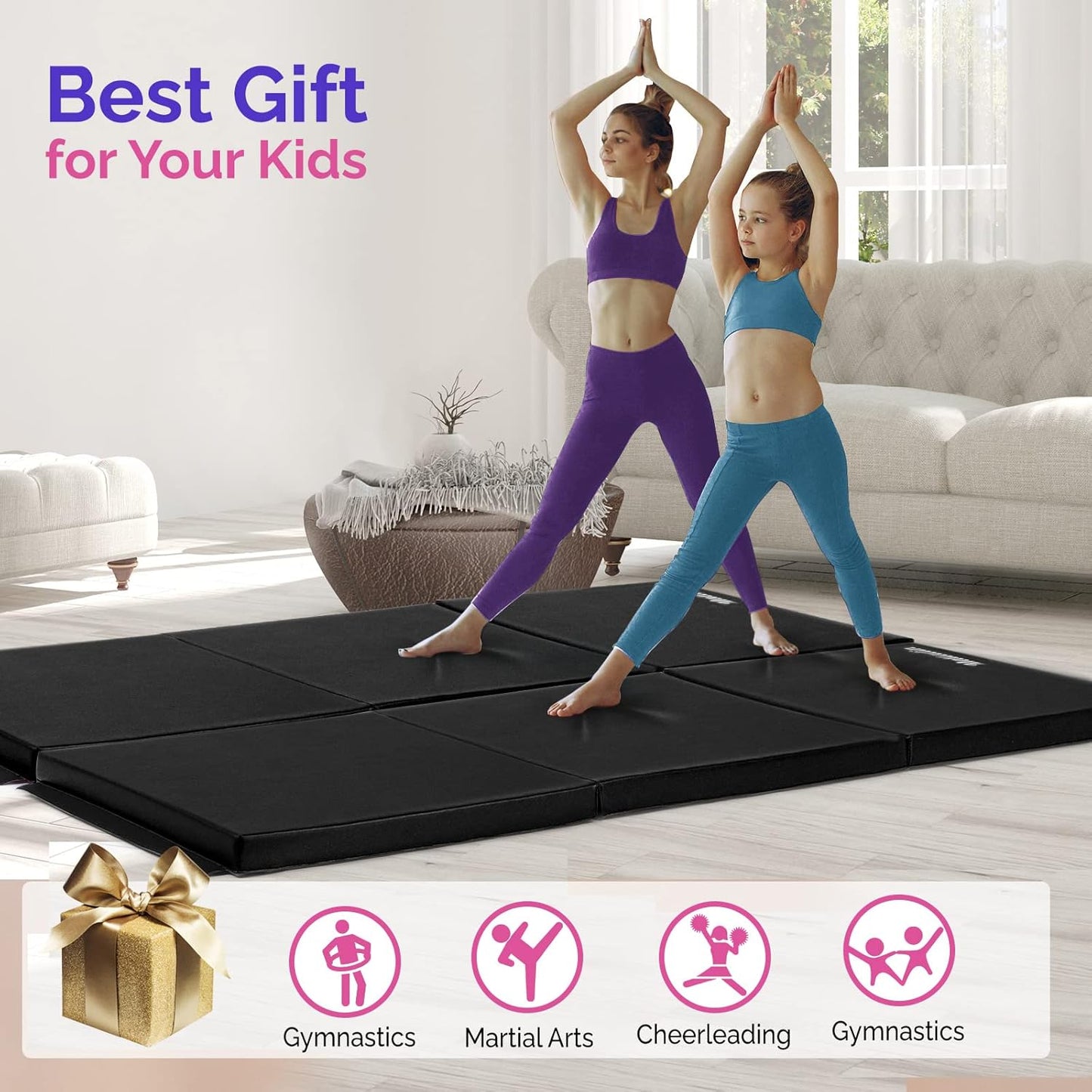 Matladin 6' Folding Tri-fold Gymnastics Gym Exercise Aerobics Mat, 6ft x 2ft x 2in PU Leather Tumbling Mats with Hook & Loop Fastener for Stretching Yoga Cheerleading Martial Arts