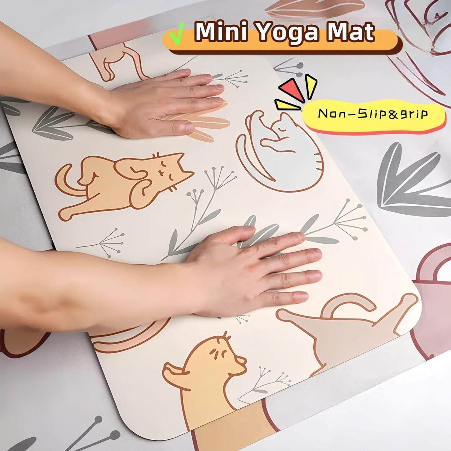 Mini Yoga Mat with Playful Cat Design, Yoga Knee Pads,Double-Sided Non-Slip, Meditation,Exercise Mat for Women&family use,White