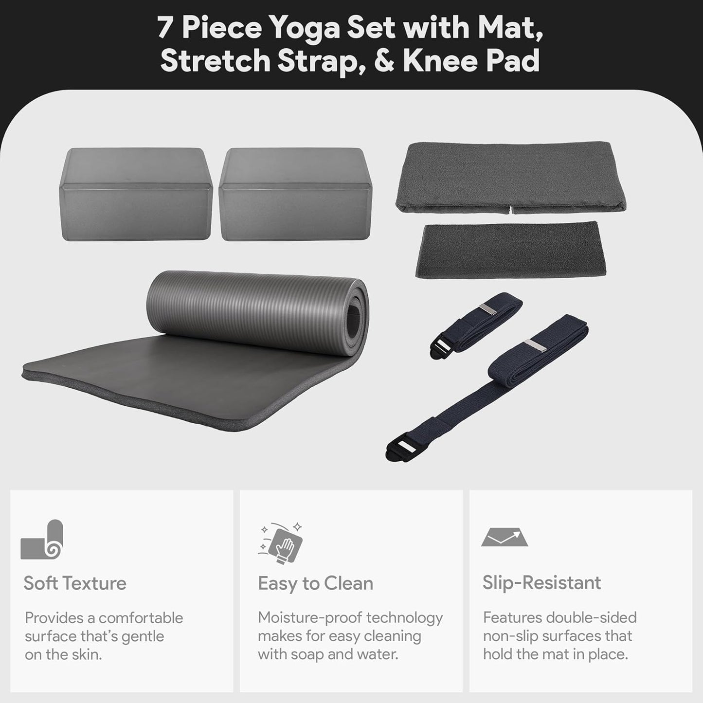 BalanceFrom 7-Piece Yoga Set with 71x24x0.5 Inches Extra Thick Mat and Carrying Sling – Includes 2 Blocks, Stretch Strap, 2 Towels, and Knee Pad for Home, Studio, and Gym Workouts