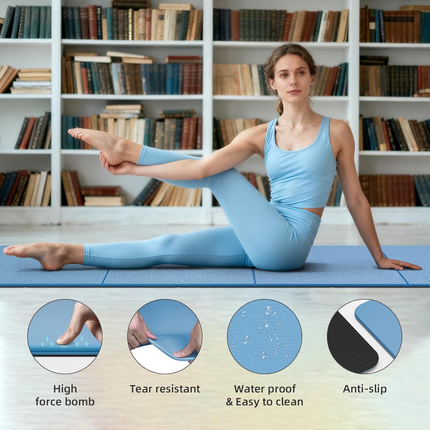 Foldable Yoga Mat Thick 10mm-WUWAN Extra Large Exercise Mat, TPE Material, Non-Slip Fitness Folding Mat Easy to Carry, Suitable for Home Workout Travel Pilates (75" x40",2/5") (Blue)