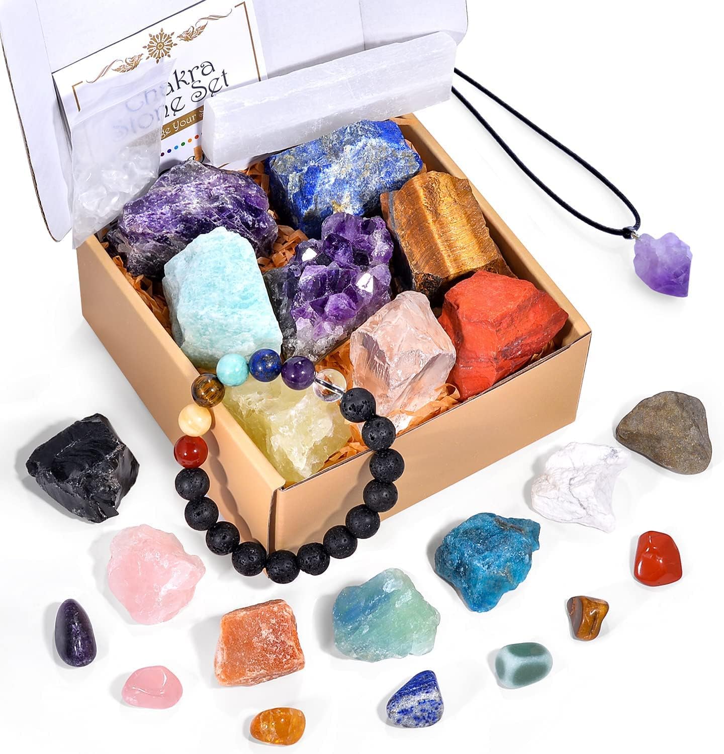 AOOVOO 17Pcs Crystals and Healing Stones, 14Pcs Real Raw Chakra Stones Set, Selenite Charging Plate, Amethyst Necklace, Rose Quartz, Mothers Day Gifts, Gift Box, Guide for Beginners, Collection, Meditation, Yoga