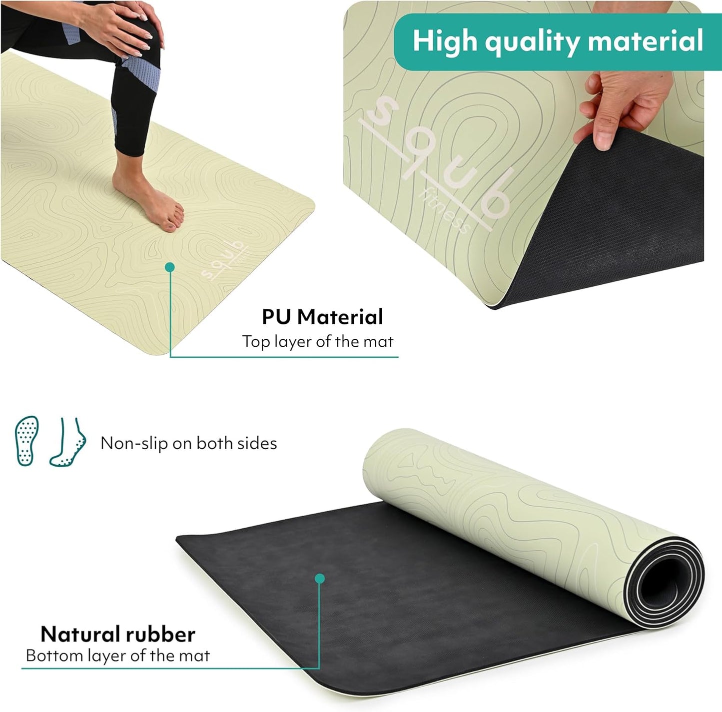 Yoga Mat Thick 5mm – Non Slip Exercise Mat Workout Surface, PU Natural Rubber Grip, Extra Large 183x68 cm Wide Design, Pilates Fitness Training, Includes Strap & Carry Bag
