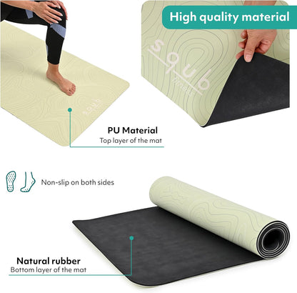 Yoga Mat Thick 5mm – Non Slip Exercise Mat Workout Surface, PU Natural Rubber Grip, Extra Large 183x68 cm Wide Design, Pilates Fitness Training, Includes Strap & Carry Bag