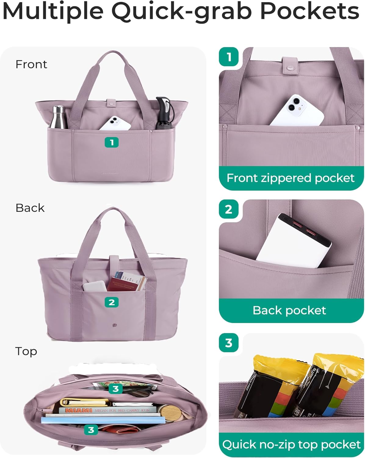 BAGSMART Tote Bag for Women, Foldable Tote Bag With Zipper Travel Shoulder Bag Handbag for Work