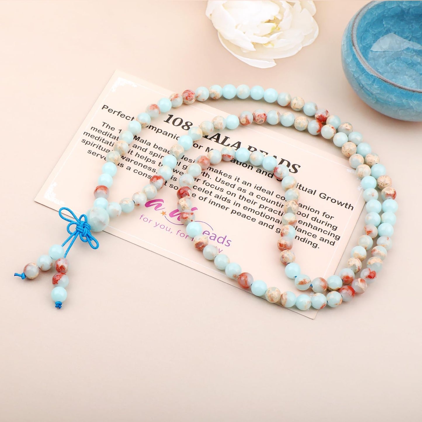 AD Beads 6mm 8mm 108 Prayer Mala Jasper Elastic Bracelet - Handmade Yoga Meditation Healing Power Energy Gifts for Unisex Adult.