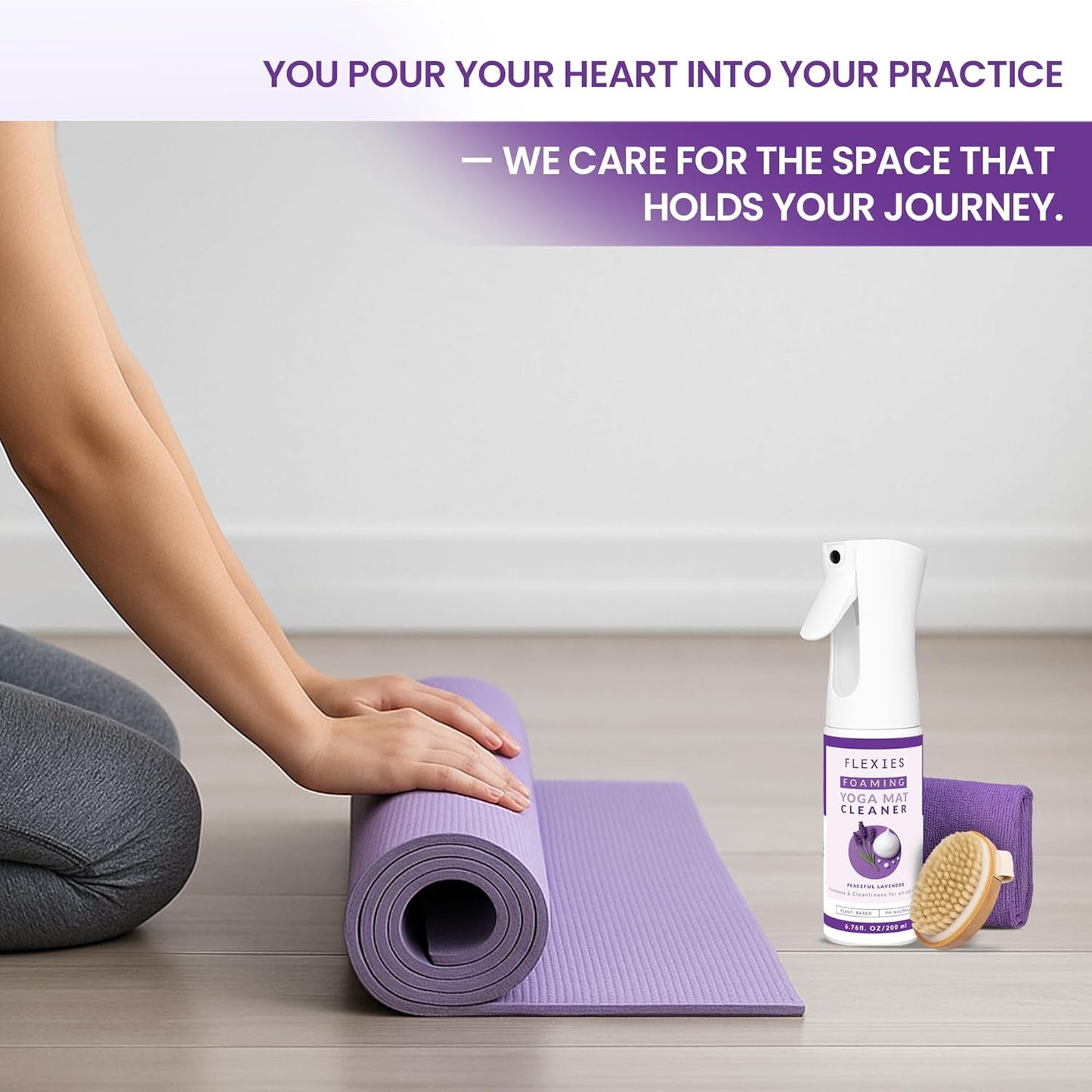 Flexies Foaming Yoga Mat Cleaner Spray Kit, Plant Based Non Toxic Mat Cleaner with Brush and Microfiber Cloth, Yoga Essentials for Women and Men, Pilates Mat Care, Lavender