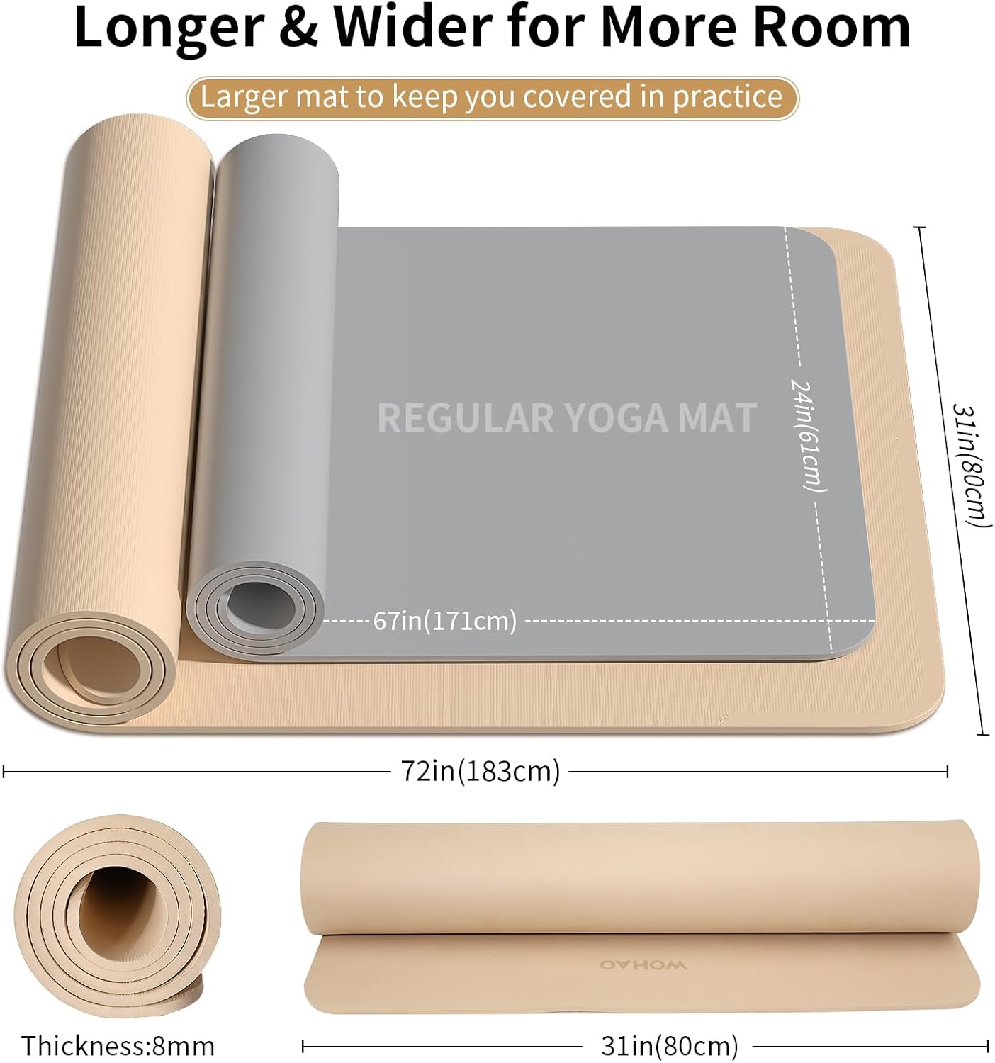 Extra Wide & Thick 8mm Yoga Mat, 72"x31.5" Large Non Slip Exercise Mat, Premium POE Material for Superior Cushioning & Stability, with Strap for Home Gym, Pilates