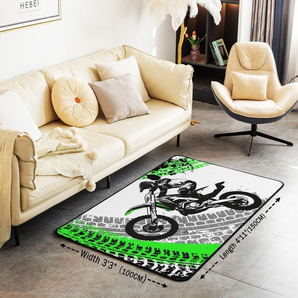 Feelyou Dirt Bike Area Rug 3x5 Kids Extreme Sports Green Honeycomb Living Room Rugs for Bedroom Boys Girls Teens Racing Motocross Rider Decorative Carpet Rug Non-Slip Motorcycle Indoor Floor Mat
