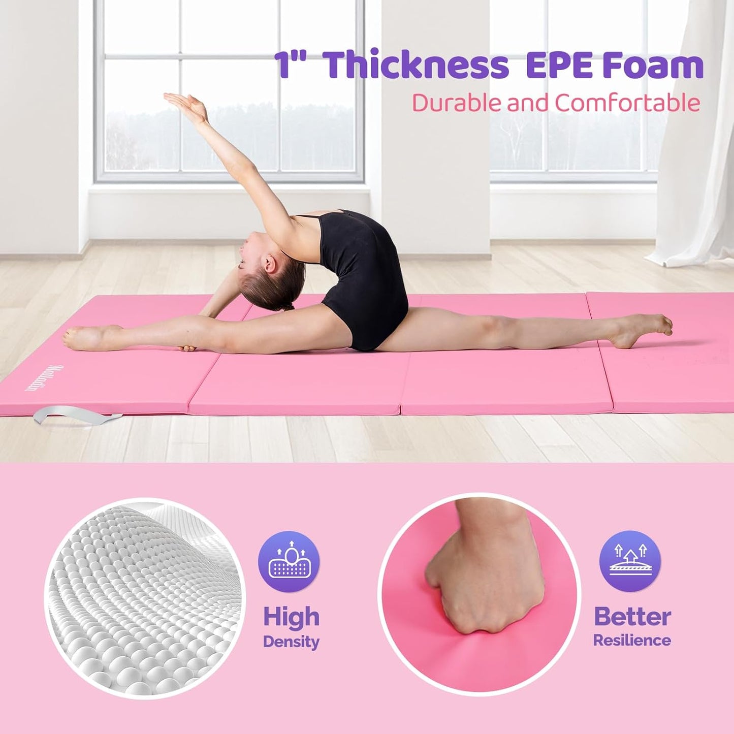Matladin Folding Gymnastics Mat for Kids, 6'x3'x1"/8'x3'x1" PU Leather Gym Exercise Mats for Tumbling, Cheer, Yoga, Fitness, Pilates and Martial Art