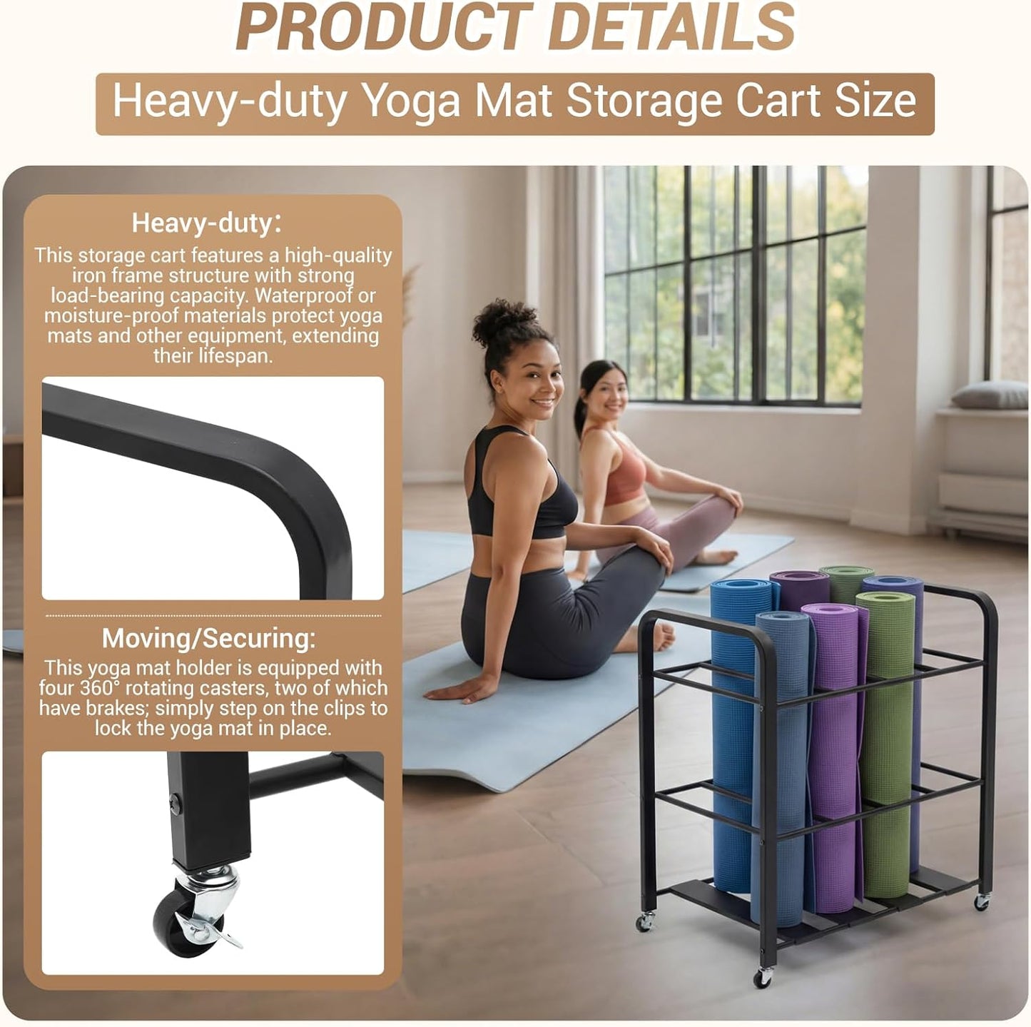 32'' x 21'' x 31'' Yoga Mat Storage Cart with Wheels, Floor Metal Gym Foam Rollers Storage Organizer, Yoga Mat Holder Basket for Commercial and Home Gym Accessories
