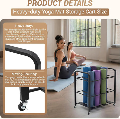 32'' x 21'' x 31'' Yoga Mat Storage Cart with Wheels, Floor Metal Gym Foam Rollers Storage Organizer, Yoga Mat Holder Basket for Commercial and Home Gym Accessories
