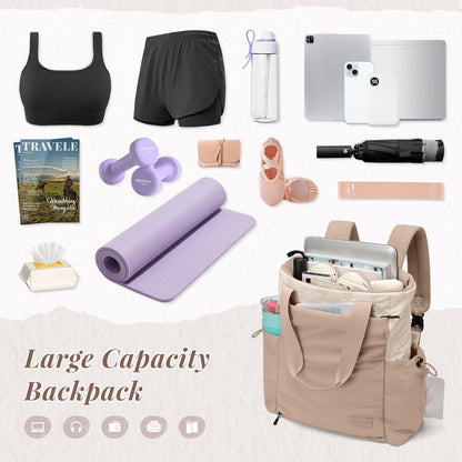 GOLF SUPAGS 3-in-1 Laptop Tote Backpack for Women 15.6" Quilted Work Gym Bag with Hidden Yoga Mat Carrier for Travel Leisure (Gravel Brown & Beige)
