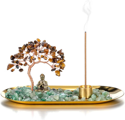 Jovivi Crystal Incense Holder for Sticks, Mixed Healing Crystal Stone Money Tree Buddha Statue Set Incense Burner, Incense Trays for Wealth, Good Luck,Yoga Meditation Home Decor