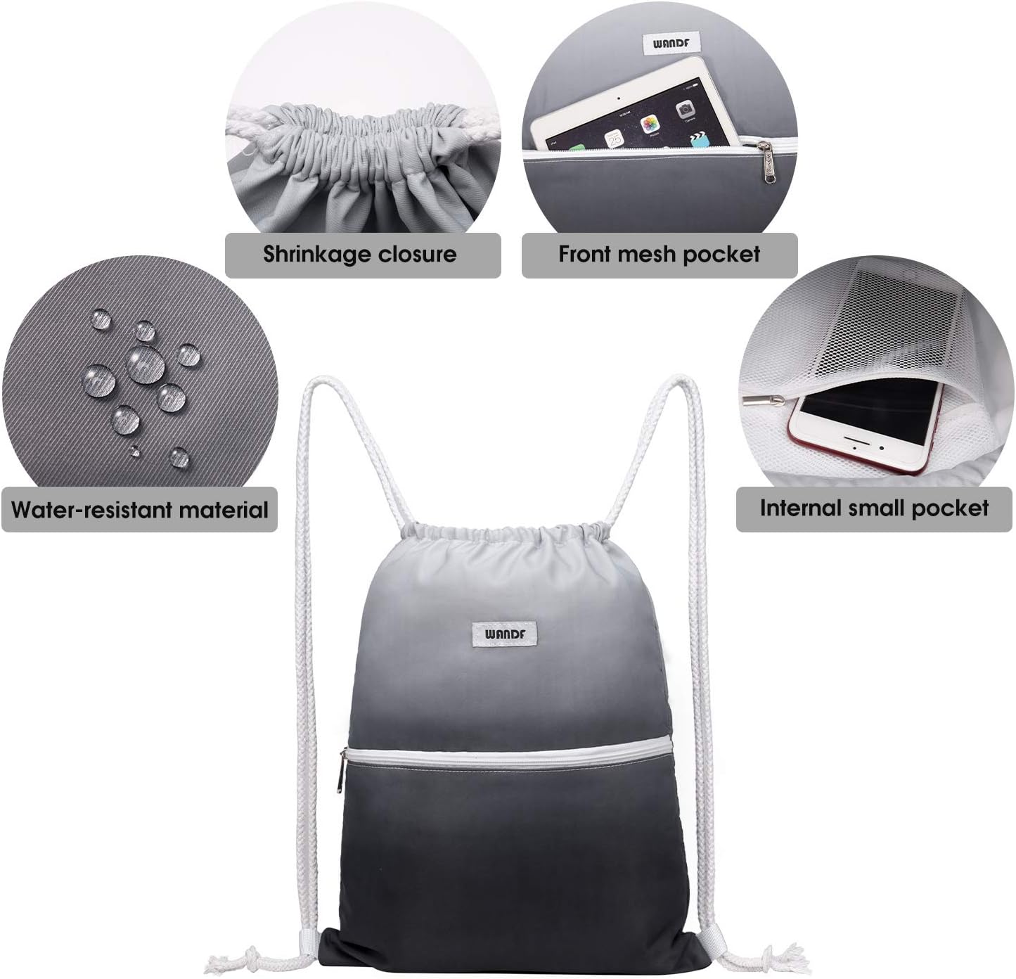 WANDF Drawstring Backpack String Bag Sackpack Cinch Water Resistant Nylon for Gym Shopping Sport Yoga (Black)