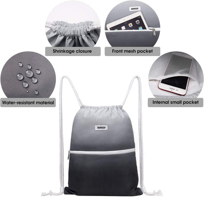 WANDF Drawstring Backpack String Bag Sackpack Cinch Water Resistant Nylon for Gym Shopping Sport Yoga (Black)