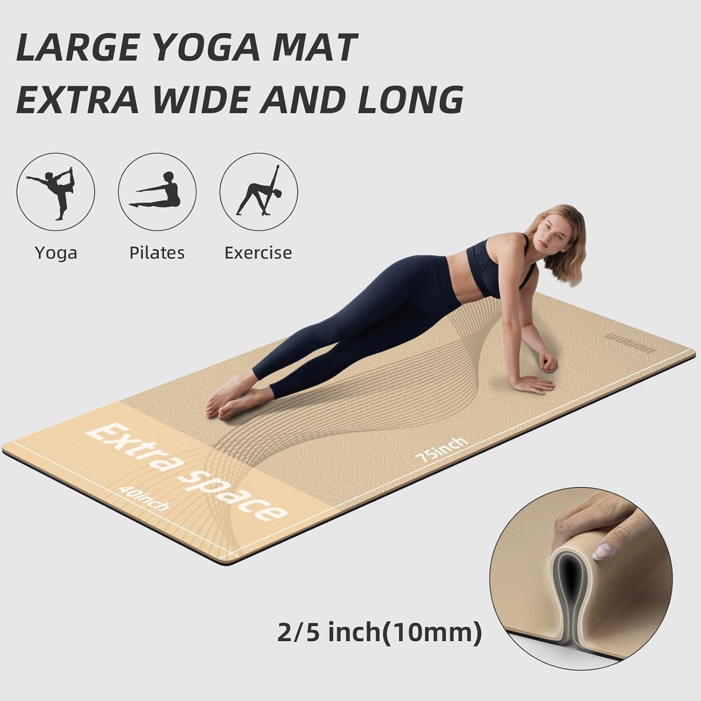 Large Yoga Mat 76"x 40"x10mm (2/5 inch) – Extra Thick & Wide, TPE Fitness Mat, Printed Non-Slip Exercise Mat with Carrying Strap for Men & Women, Pilates, Stretching, Fitness & Workout