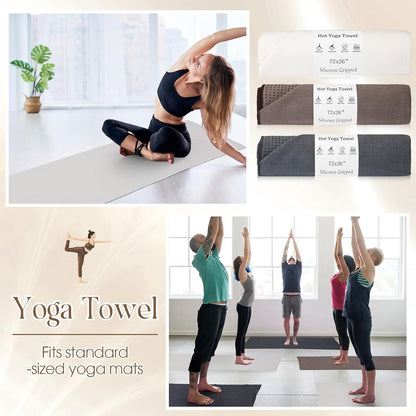 Hahafelt 3 Pack Hot Yoga Mat Towel Non Slip Microfiber Pilates Towel with Grip Dots & Elastic Straps, 72" x 26" Absorbent Sweat Anti-Slip Hot Yoga Gym Mat for Fitness Workout(Beige Dark Gray Coffee)