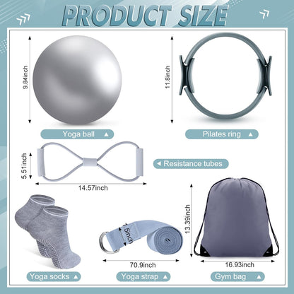 Poen 18 Pcs Home Pilates Ball and Ring Circle Set Yoga Fitness Essentials Kit with 5 Resistance Band Stretching Strap Non Slip Sock Ball Core Slider Wristband Headband Gym Bag for Women