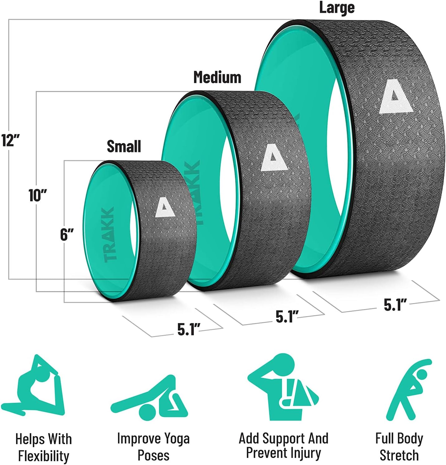 TRAKK SPORT 3in1 Foam Roller Fitness Yoga Wheel For Back Pain Relief, Stretching, Tissue Massage, & Spinal Alignment, Supports 660lbs, Set of 3, Black