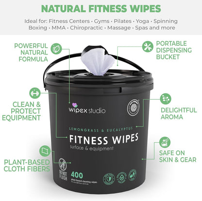 Wipex Yoga Mat Cleaner Wipes, EWG Verified, 400 Ct Plant-Based Lemongrass, Eucalyptus & Vinegar Wipes for Gym & Fitness Equipment & All Purpose Gym Cleaning - Safe for Peloton Bikes & Treadmills