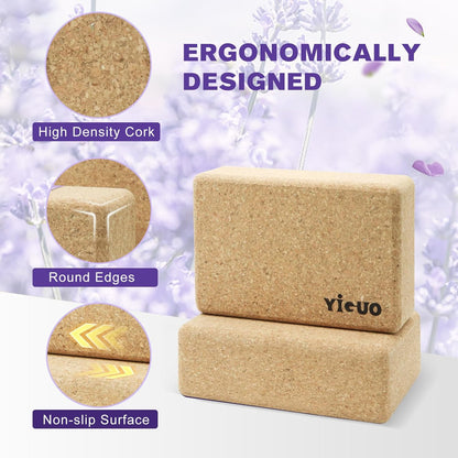 YIGUO 2 Pack Cork Yoga Blocks | Natural Eco-Friendly High Density Non-Slip Yoga Blocks for Women & Men | 9x6x3 Inches for Yoga, Pilates, Stretching