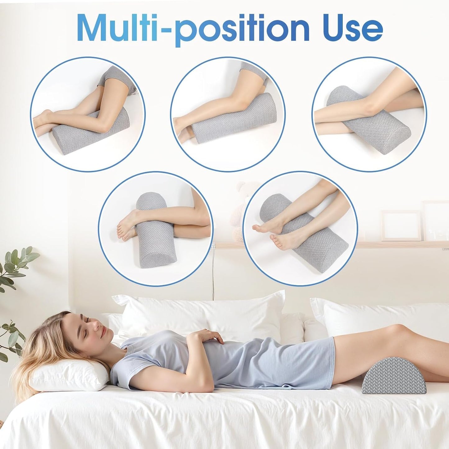 TranquilRelax Knee Pillow for Back Sleeping Memory Foam Half Moon Bolster Pillow for Legs, Under Knee Support, Ankle & Foot Comfort Orthopedic Pillow for Side Sleepers (Grey, 20.4" x 8" x 4.9")