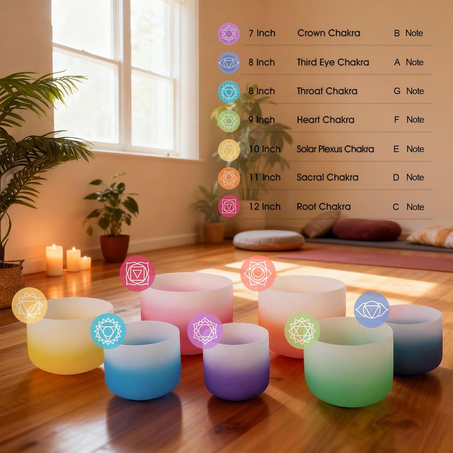 Ryan Dvan 432Hz 7"-12" Set of 7 Crystal Singing Bowl Set ¨C Gradient Color Quartz Bowls for Chakra Healing, Meditation, Sound Bath & Yoga.Sound Therapy Tools with Suede Mallets & O-Rings.