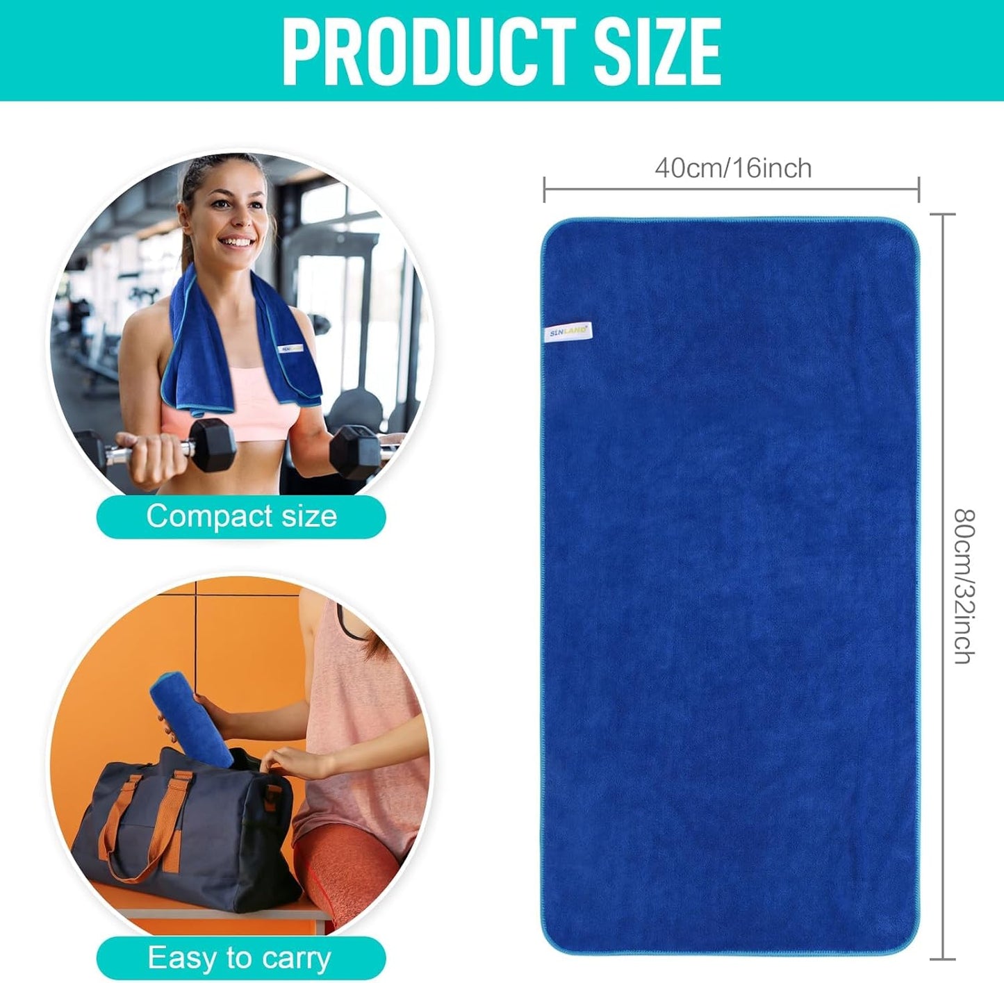 SINLAND Microfiber Gym Towels Super Absorbent Compact Travel Workout Towel Quick Dry Camping Sweat Towel for Sports Beach Swimming Backpacking Hiking and Yoga Men Women 16 Inch X 32 Inch