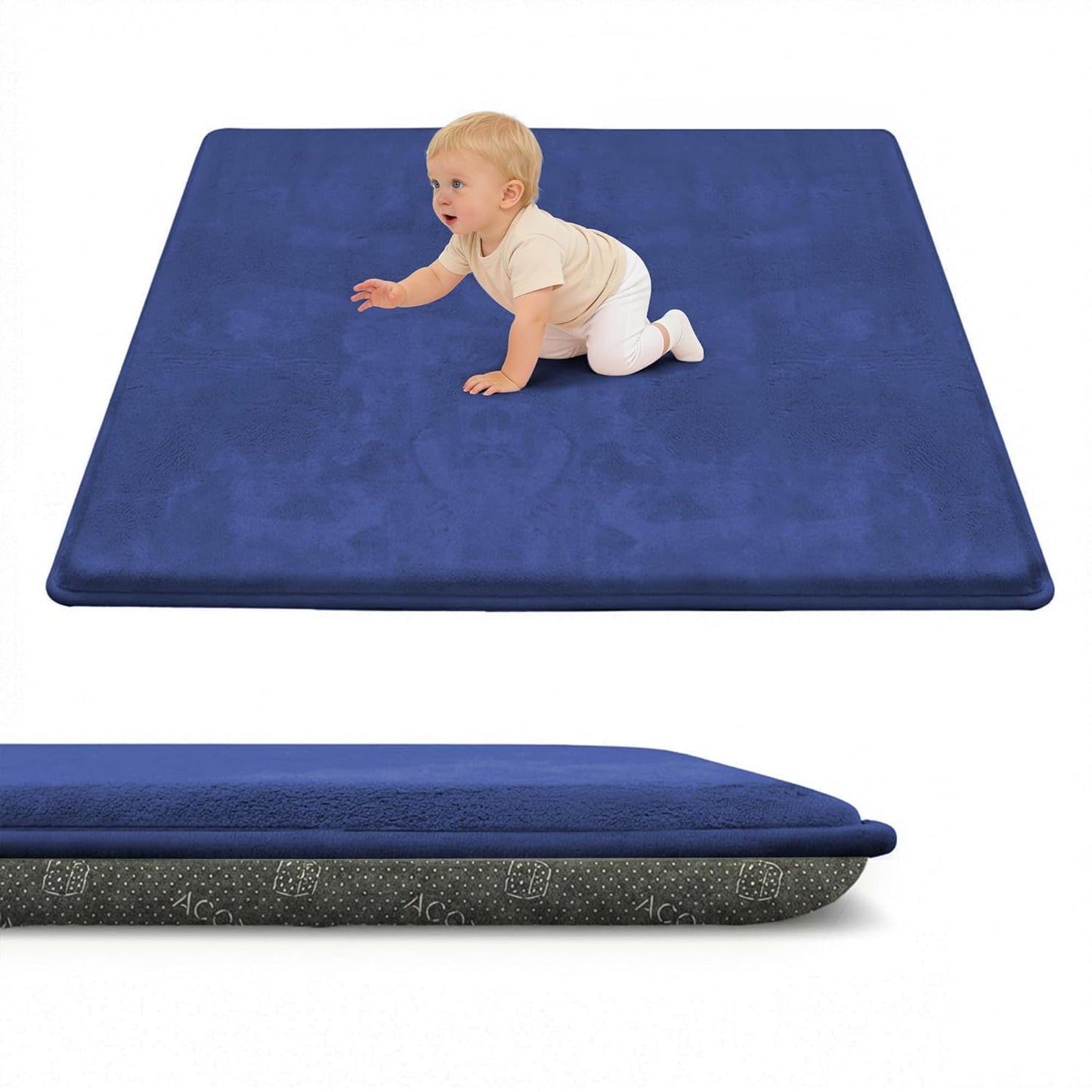 ACOMOPACK 1.3" Thick Baby Play Mat for Floor 79x118"-Large Water-Repellent&Non-Slip Memory Foam Mat for Kids,Toddlers,Soft Velvet Nursery Rug for Tummy Time&Crawling,Yoga,Tatami Style(Blue)