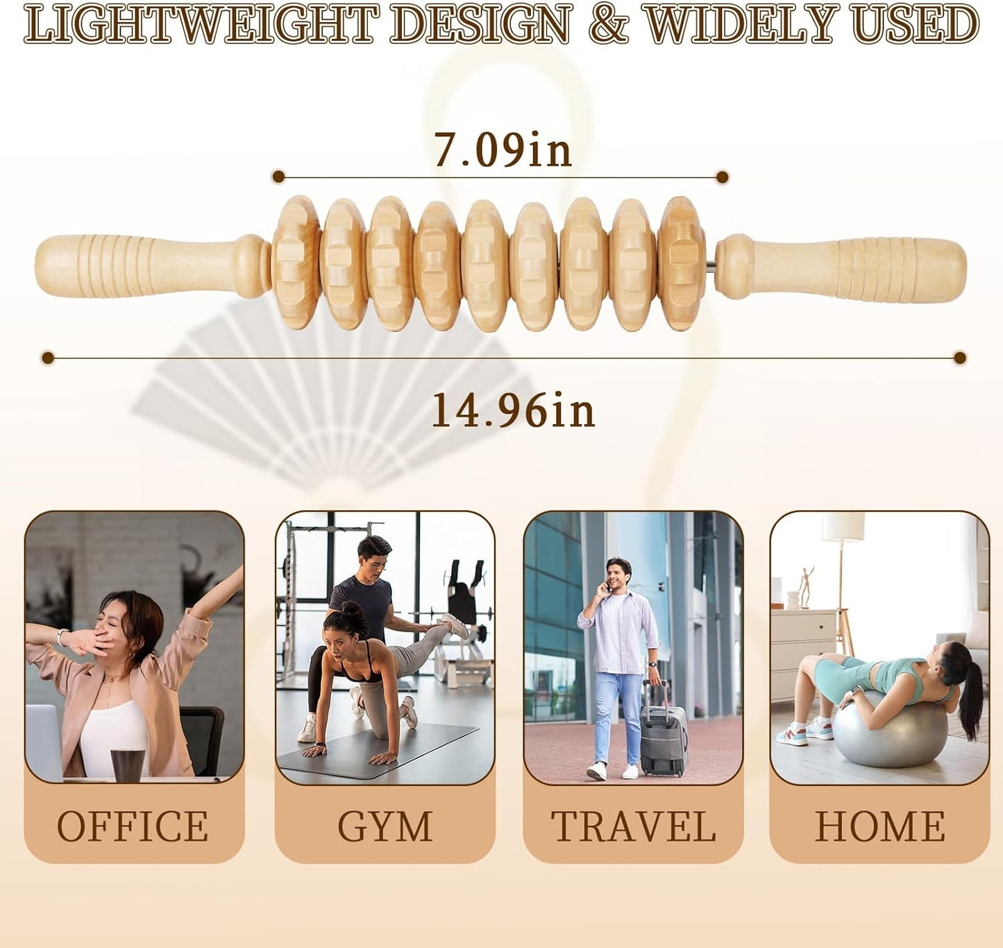 Liitrton Manual Wooden Fascia Massage Roller Trigger Points for Release Cellulite Sore Muscle Blasting (Straight-9-Wheel)