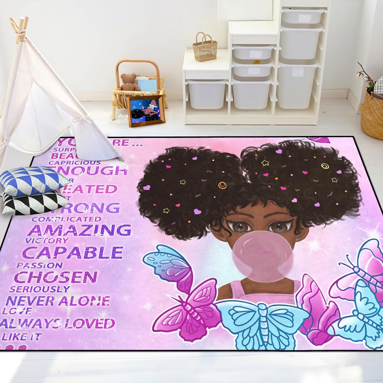 Black Girl Area Rug for Bedroom African Black Girls Floor Rugs for Living Room Playroom Cartoon Art Home Decor Soft Yoga Mats for Women Afro Purple 47" x 31" (2.7 x 3 Feet)