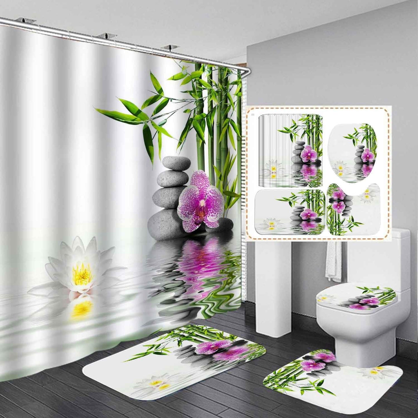4PCS Spa Zen Shower Curtain Sets with Rugs, White Shower Curtain, Pink Floral Orchid Lotus Water Lily Stone Bamboo Water Reflection Yoga Massage Relaxing Spiritual Meditation Bathroom Decor