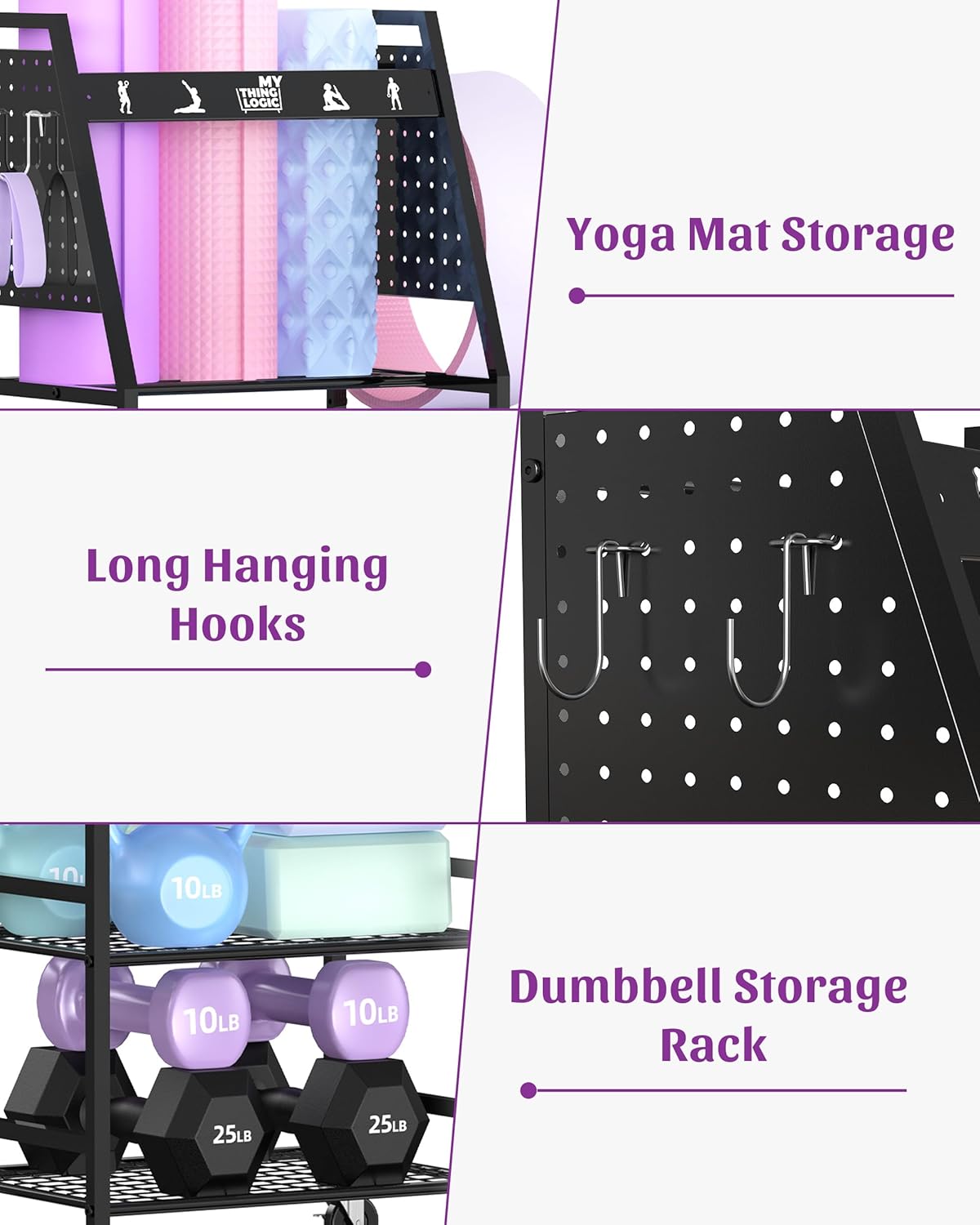Mythinglogic Yoga Mat Storage Racks,Home Gym Storage Rack for Dumbbells Kettlebells Foam Roller, Yoga Strap and Resistance Bands, Workout Equipment Storage Organizer With Hooks and Wheels