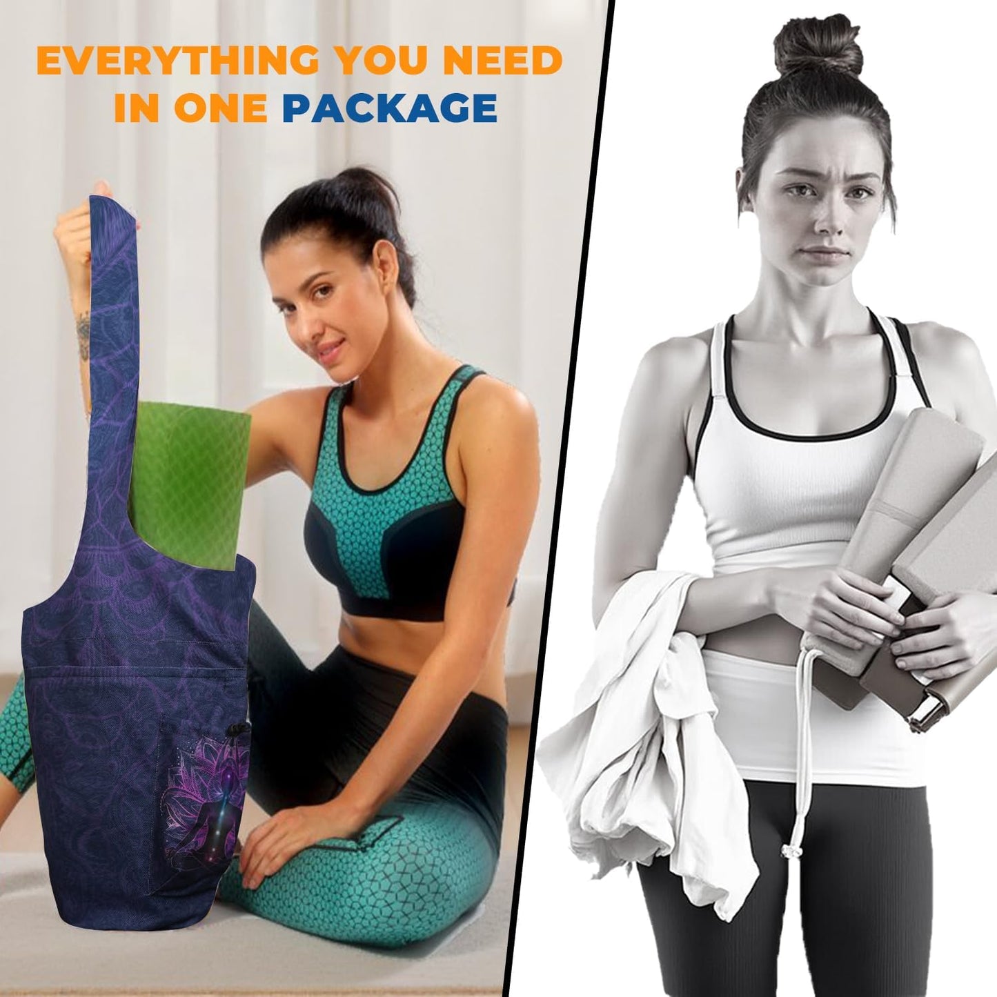 Yoga Mat Bag Carrier for Women Workout Large Waterproof with Zipper Pocket, Keychain and Wide Shoulder Straps