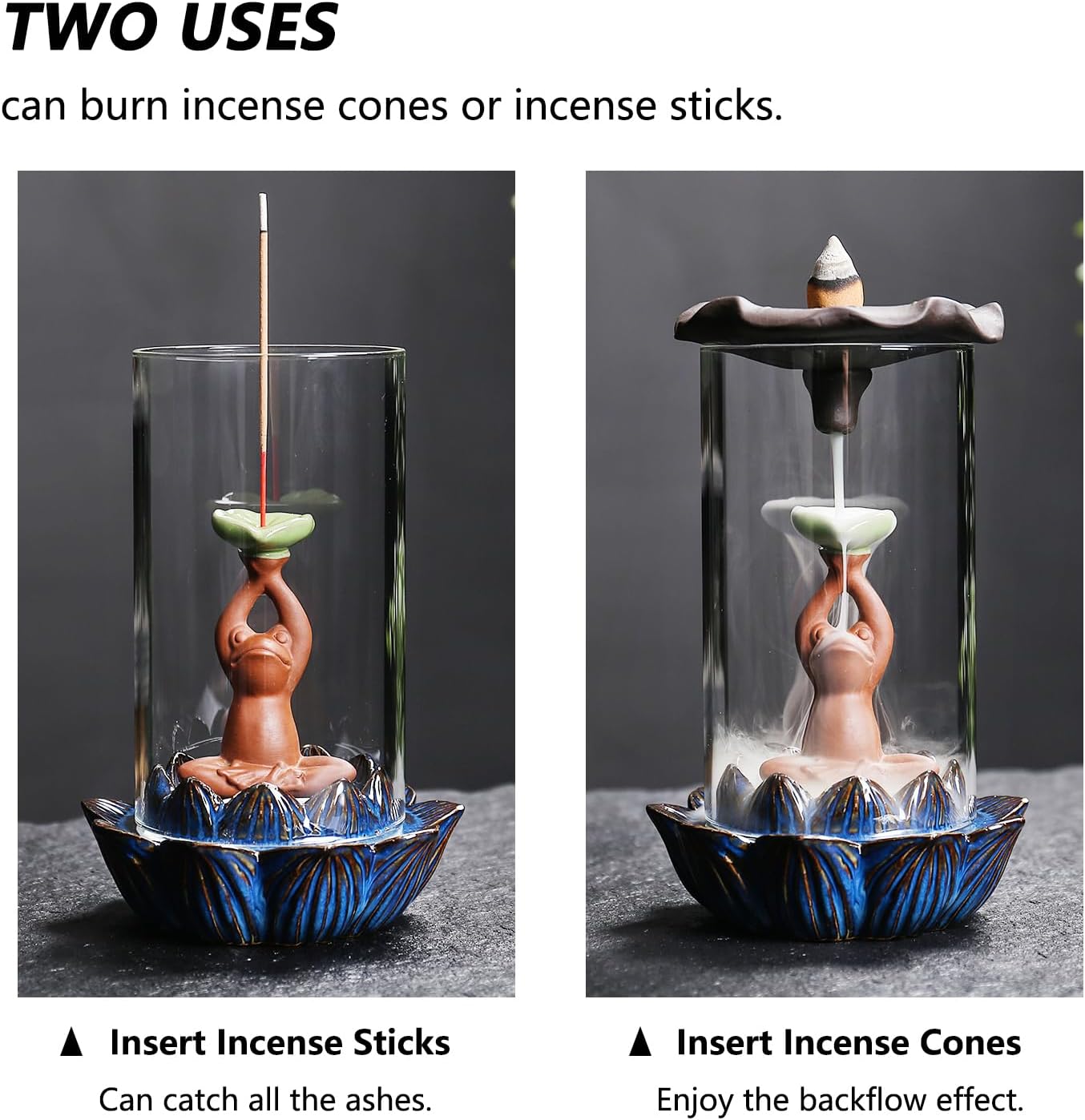 ChangWanna Frog Incense Holder Waterfall - Ceramic Cone Backflow Incense Burner Smoke Fountain, Back Flowing Incense Diffuser with 45 Sticks & 12 Cones, Frog Ornament for Aromatherapy/Yoga/Home Decor