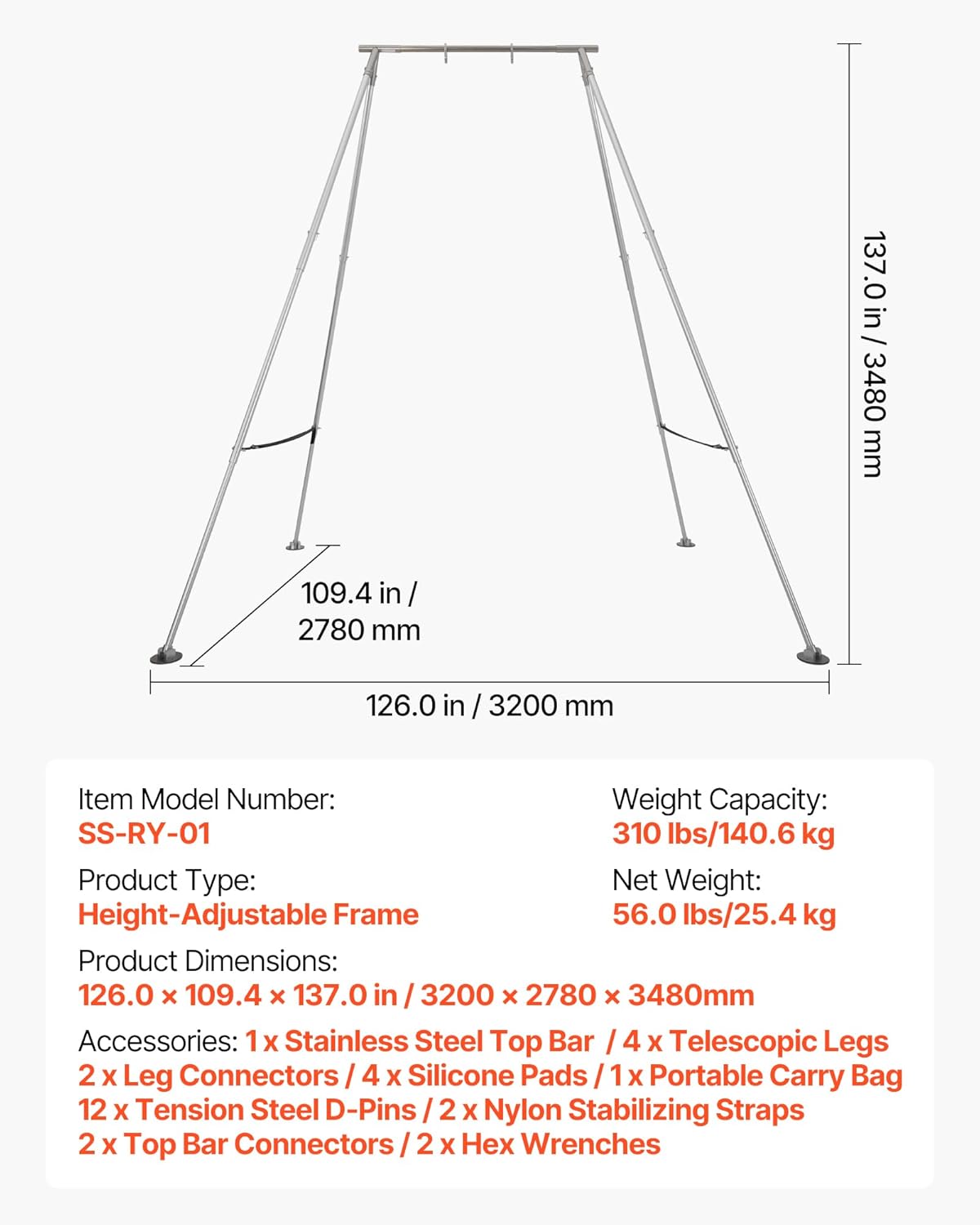 VEVOR Yoga Stand Frame, Max 441-551 lbs Load Swing Stand, Triangular Structure Aerial Rig, Aerial Silk Stands with Yoga Hammock, Standard & Height-Adjustable Version