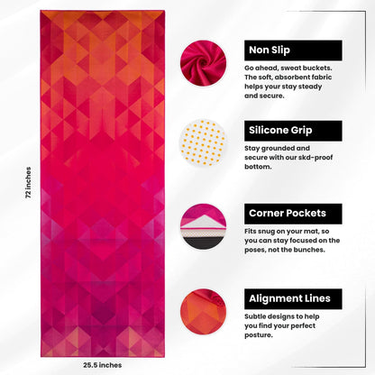 Yoga Grip Yoga Towel - Non Slip Hot Yoga Mat Towel With Corner Pockets, No-Skid Grip, and Built-in Alignment Lines | Soft, Moisture Wicking, and Sweat Absorbent | No Bunching, Stays in Place 72" x 25"
