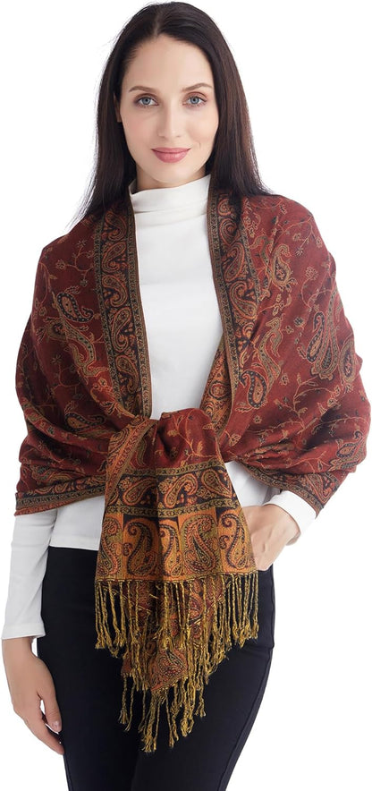Ciormis Two Tone Silky Paisley Pashmina Shawl Scarf,Soft Women's Rave Jacquard Pashminas Wrap Scarves