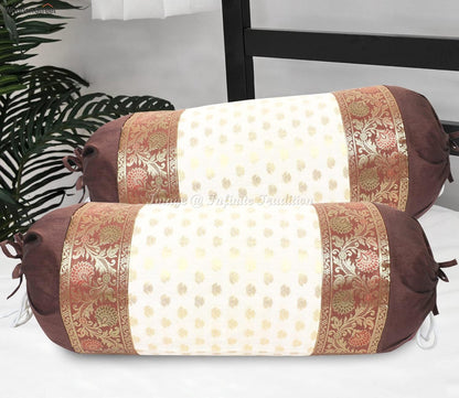 Indian Ethnic Living Room Decorative Bolster Tube Pillow Covers Cylindrical Dark Brown Yoga Couch Round Cushion Cover Brocade Silk Small Leaves Throw Pillow Case 76x38cm (30x15 inch) - 2 Pc.