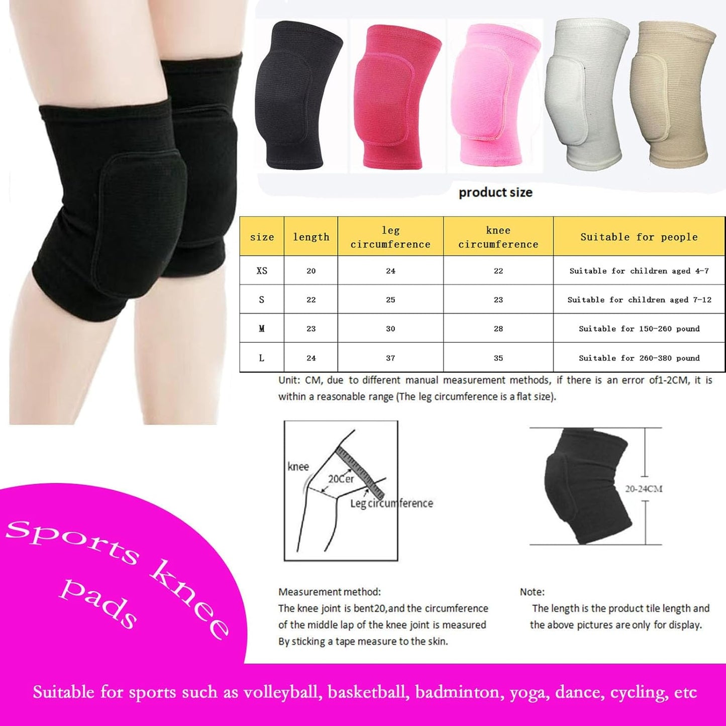 Anti slip sponge, soft and breathable men's, women's, girls', and children's black knee pads suitable for sports scenes such as volleyball, football, dance, yoga, wrestling, running, cycling, etc (Black, Large)