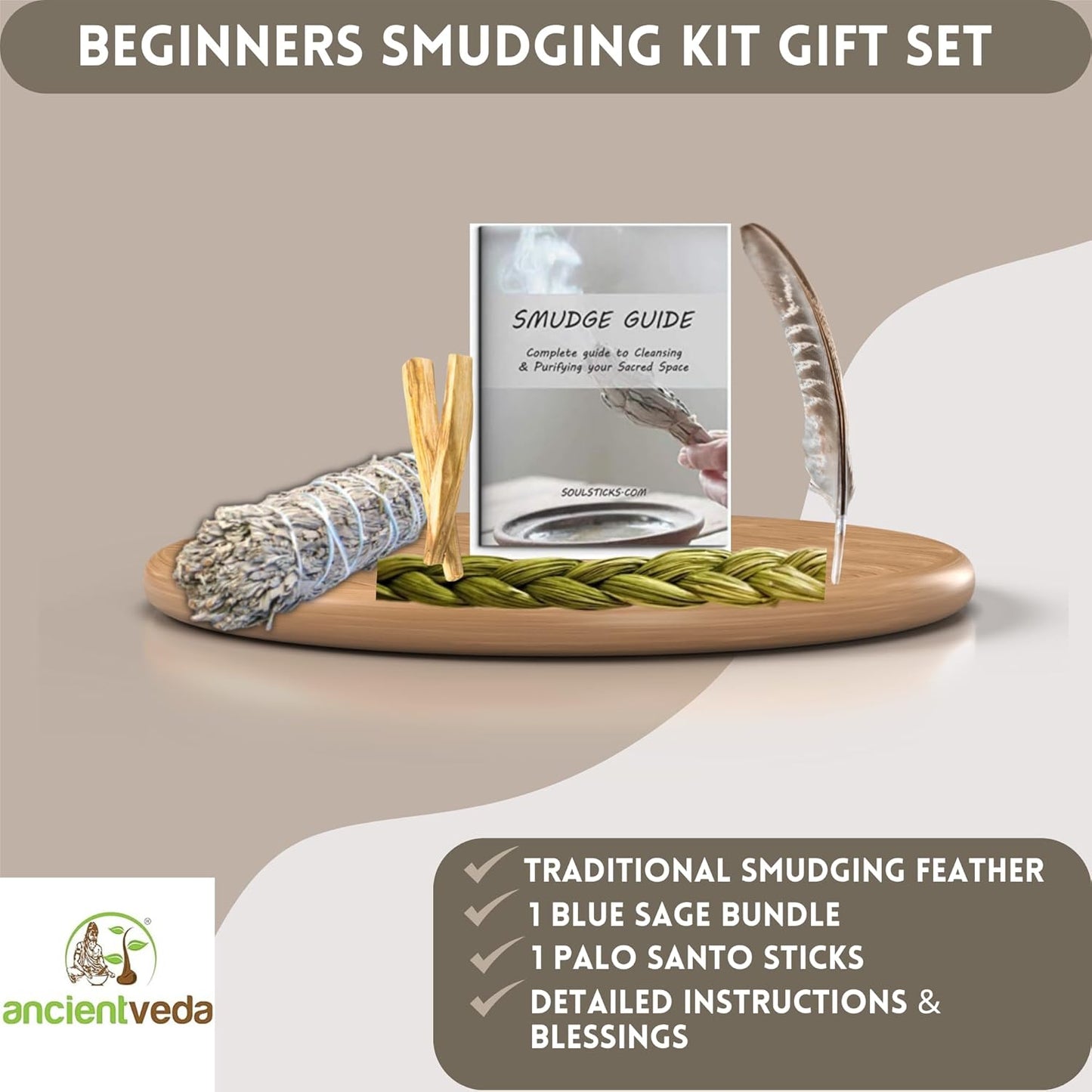 Ancient VEDA Organic Smudge Kit – Yerba Santa, Palo Santo, Sweetgrass Braid, Feather & Smudge Guide | Home Cleansing Kit for Meditation, Yoga, Energy Healing & Gift (Starter Kit, Yerba Santa Sage)