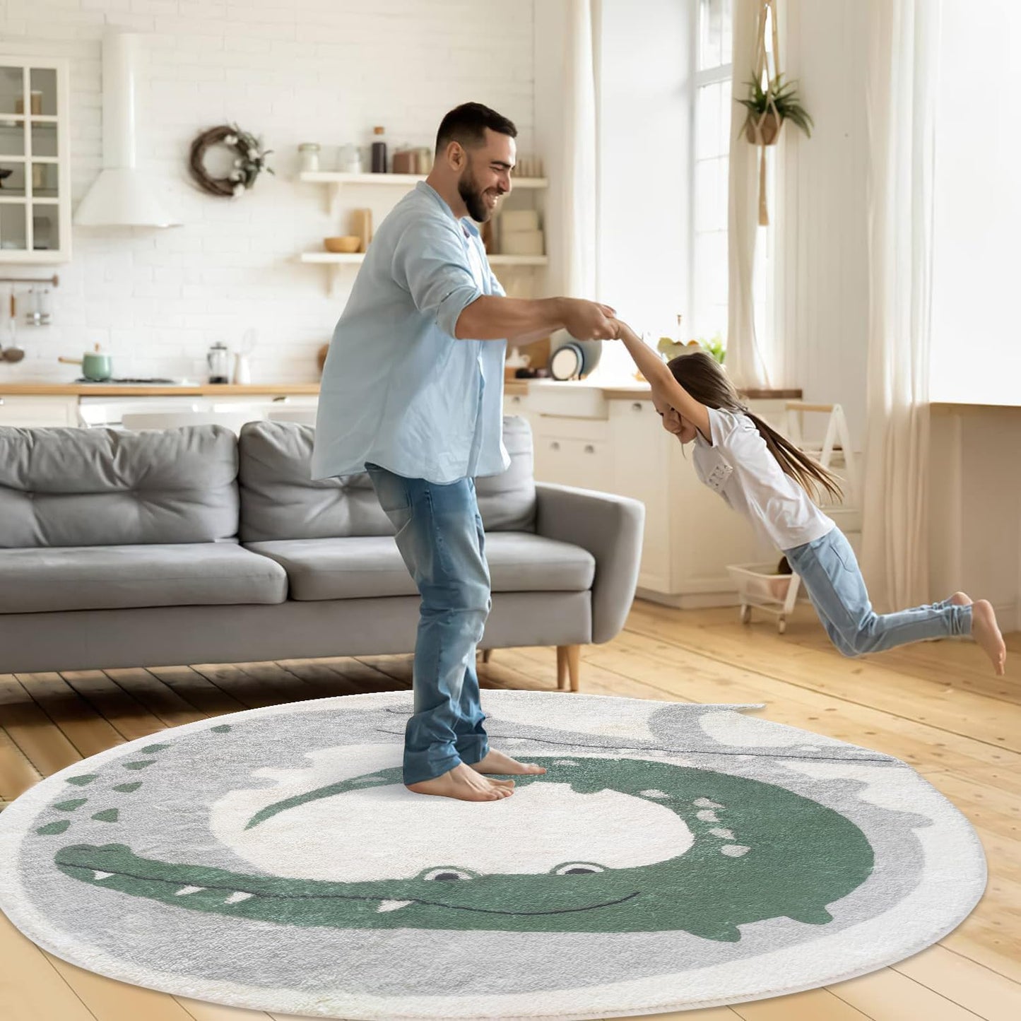 Poowe Cute Animals Kids Room Rug,39.4" Round Washable Area Rugs Rabbit Rug Nursery Rug for Baby Boys Girls Play Mat Floor Carpet Non Slip Soft Rugs for Living Room Bedroom Playroom Classroom