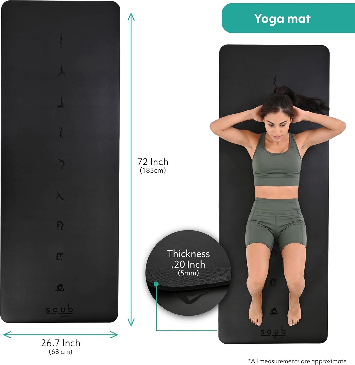 Yoga Mat Thick 5mm – Non Slip Exercise Mat Workout Surface, PU Natural Rubber Grip, Extra Large 183x68 cm Wide Design, Pilates Fitness Training, Includes Strap & Carry Bag
