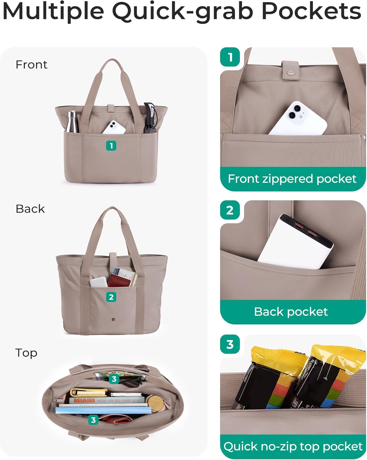 BAGSMART Tote Bag for Women, Foldable Tote Bag With Zipper Travel Shoulder Bag Handbag for Work