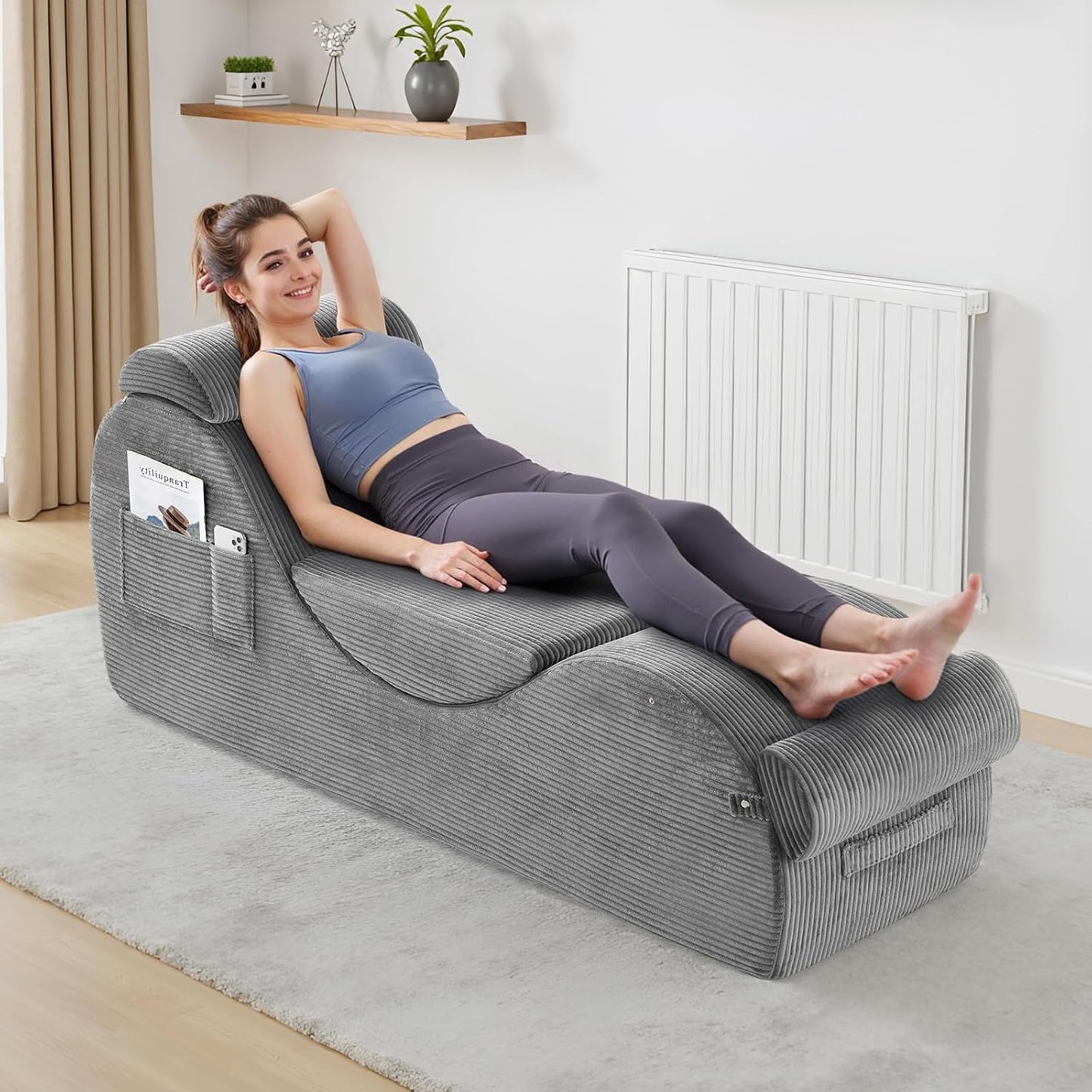 Yoga Chairs for Adults, Ergonomic Chaise Lounge Chair Indoor with Side Pocket, Lumbar Pillow, Ottoman, Yoga Chair Perfect for Stretching, Relaxation, Exercise, Used in Bedroom, Living Room（Grey）